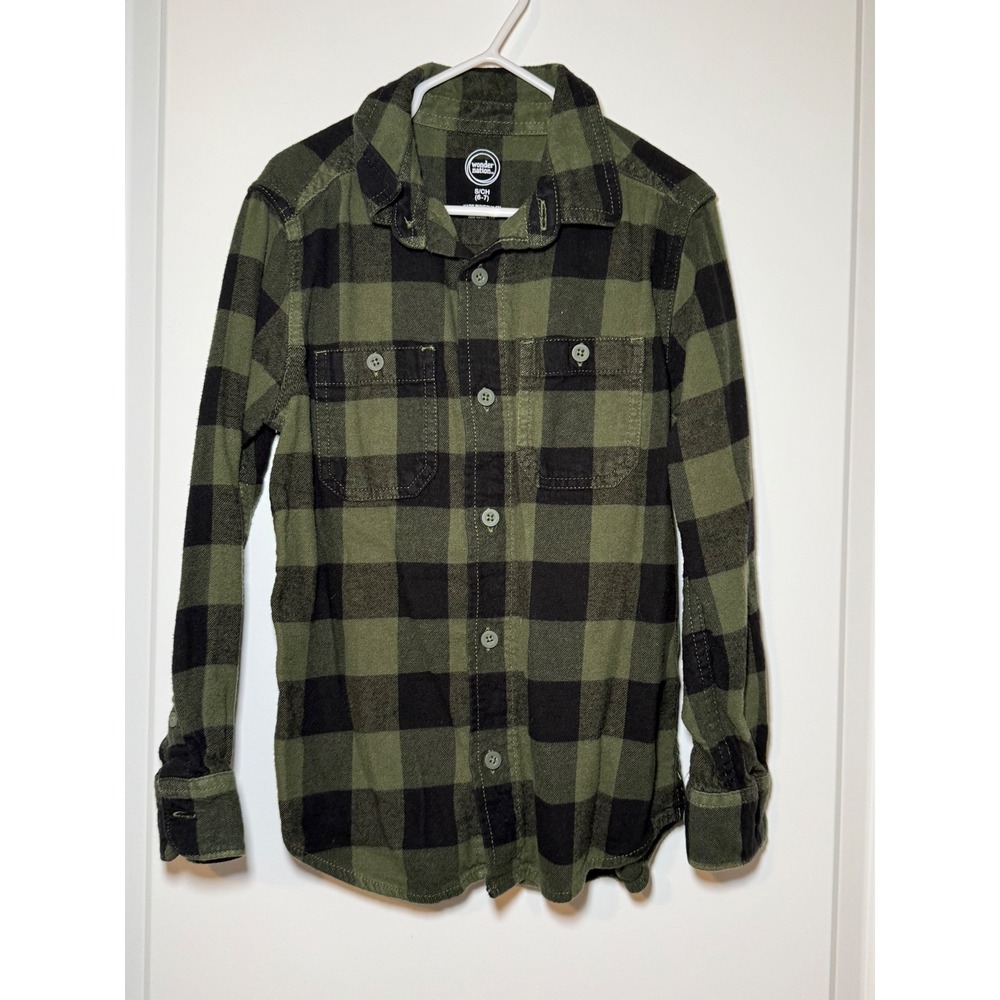 Wonder‎ Nation Boys Green Black Buffalo Plaid Flannel Size S 6-7 Long Sleeve